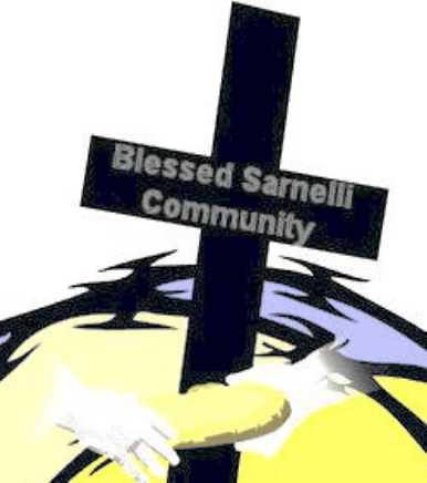 A cross labeled "Blessed Sarnelli Community" with artistic hands breaking bread below, set against a stylized background.
